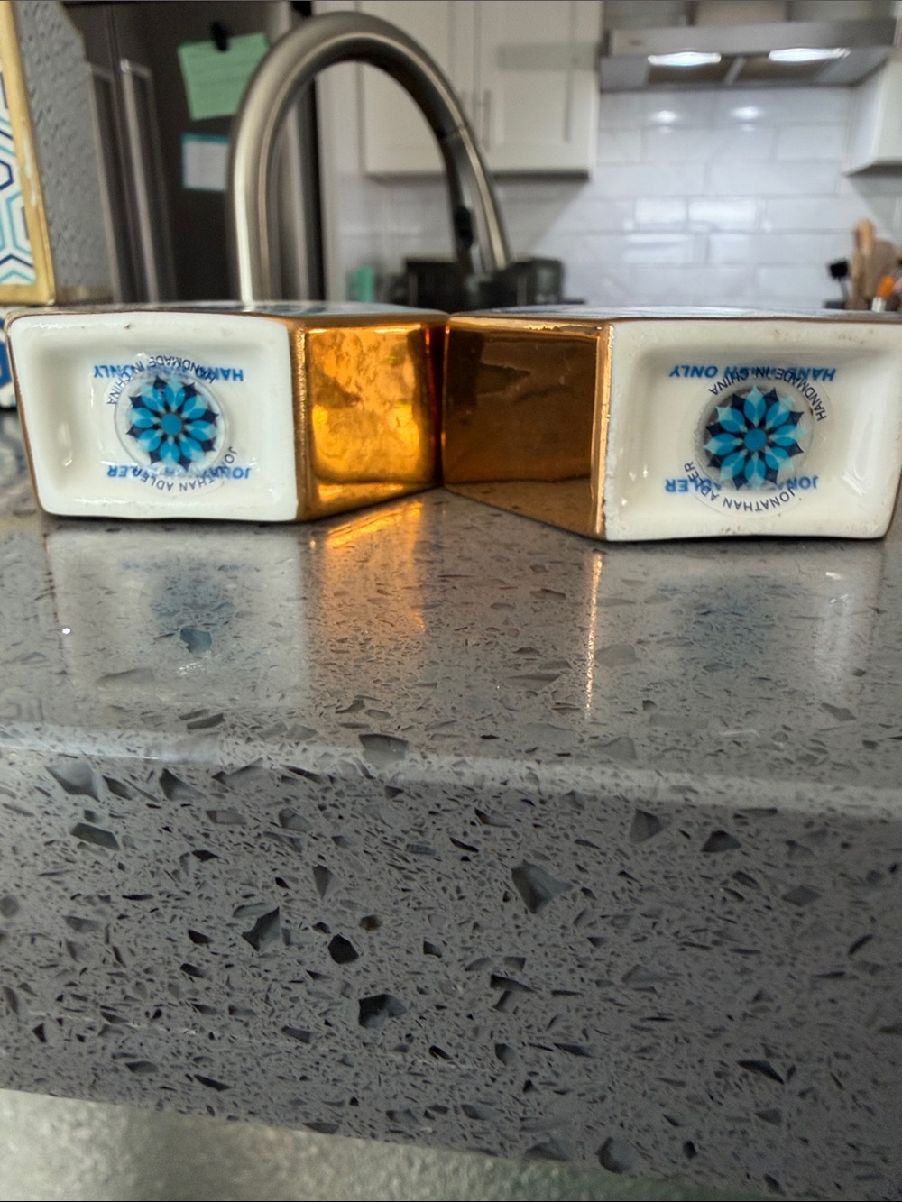 Jonathan Adler Hexagon Salt & Pepper Set - Aqua, Blue, White, Gold - Picture 2 of 4